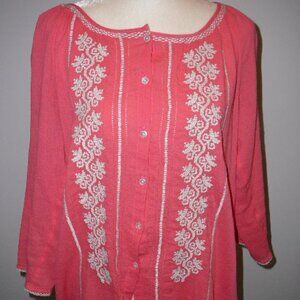 J Jill Coral Blouse w/Tan Embroidery 3/4 Sleeves Button Up Top Women's Size SP